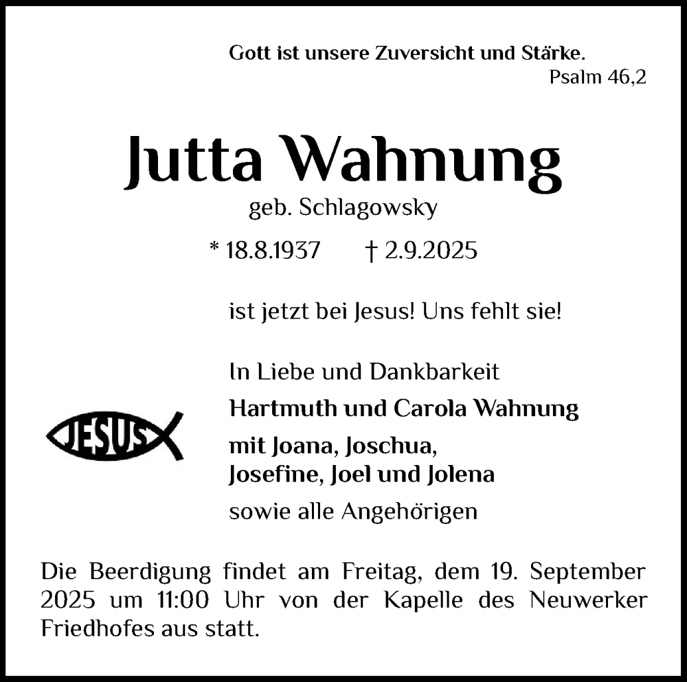  Traueranzeige für Jutta Wahnung vom 13.09.2025 aus Schleswig-Holsteinische Landeszeitung