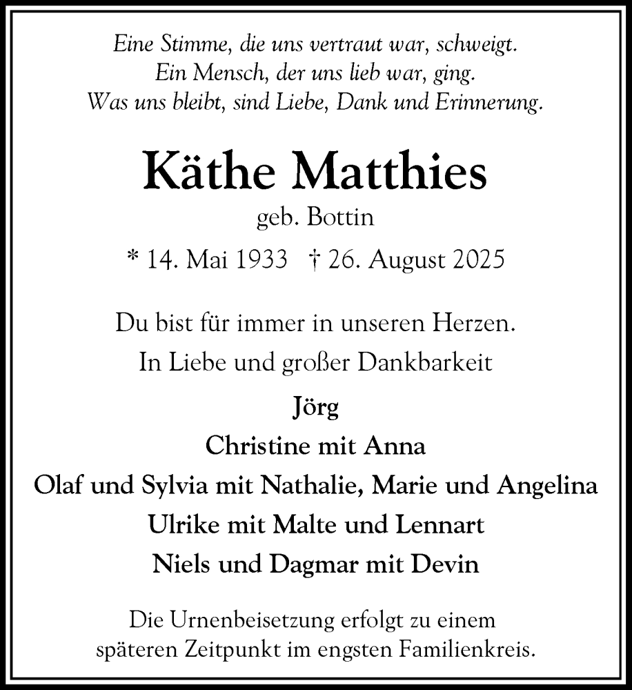  Traueranzeige für Käthe Matthies vom 06.09.2025 aus Heimatspiegel