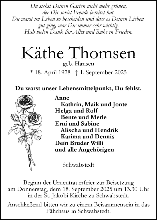 Traueranzeige von Käthe Thomsen von Husumer Nachrichten, Nordfriesland Tageblatt
