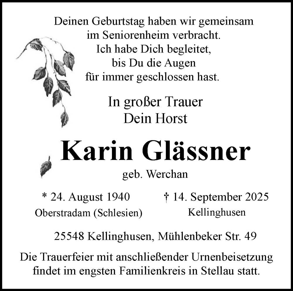  Traueranzeige für Karin Glässner vom 27.09.2025 aus Norddeutsche Rundschau, Wilstersche Zeitung, Glückstädter Fortuna