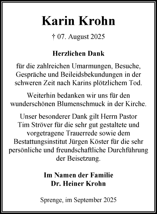 Traueranzeige von Karin Krohn von MARKT Ahrensburg/Bargteheide/Trittau und Stormarner Tageblatt