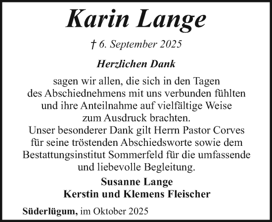 Traueranzeige von Karin Lange von Region Westküste