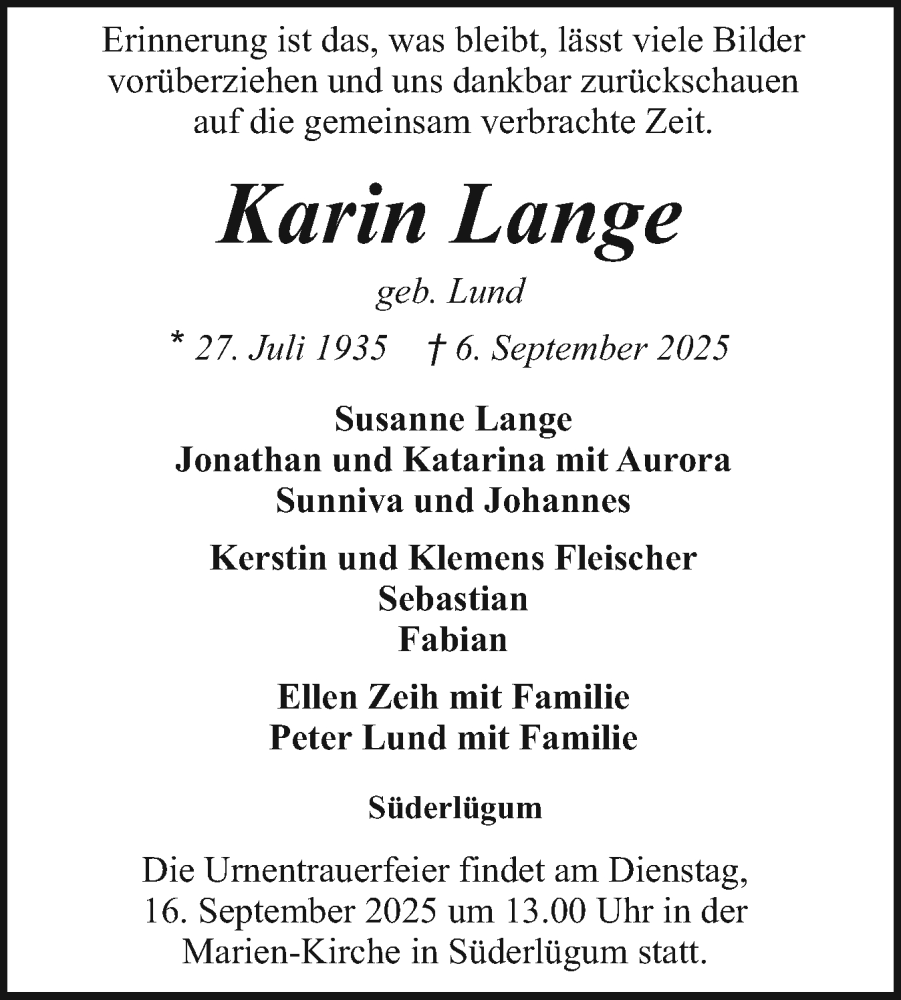  Traueranzeige für Karin Lange vom 10.09.2025 aus Region Westküste