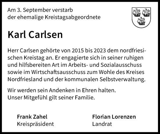 Traueranzeige von Karl Carlsen von Region Westküste