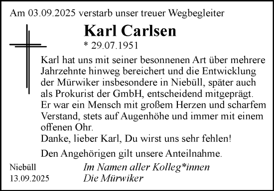Traueranzeige von Karl Carlsen von Husumer Nachrichten, Nordfriesland Tageblatt