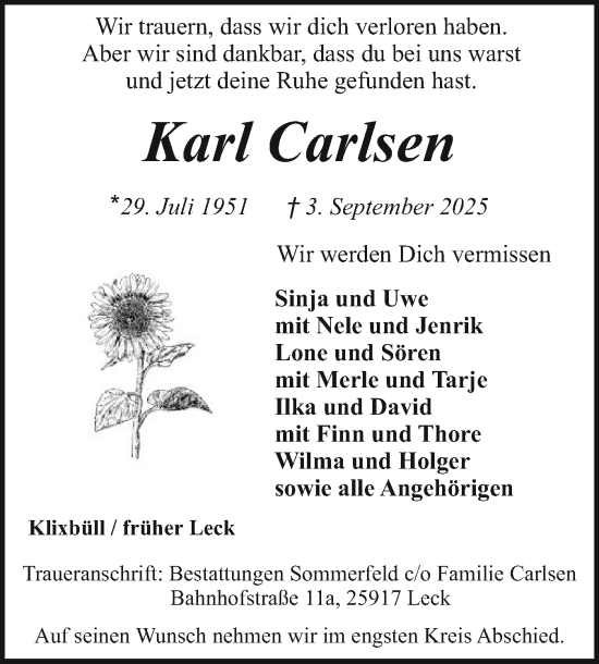 Traueranzeige von Karl Carlsen von Region Flensburg