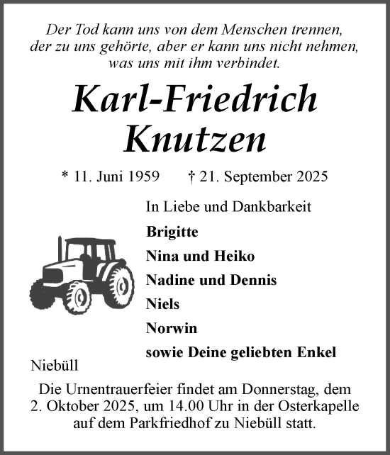 Traueranzeige von Karl-Friedrich Knutzen von Husumer Nachrichten, Nordfriesland Tageblatt