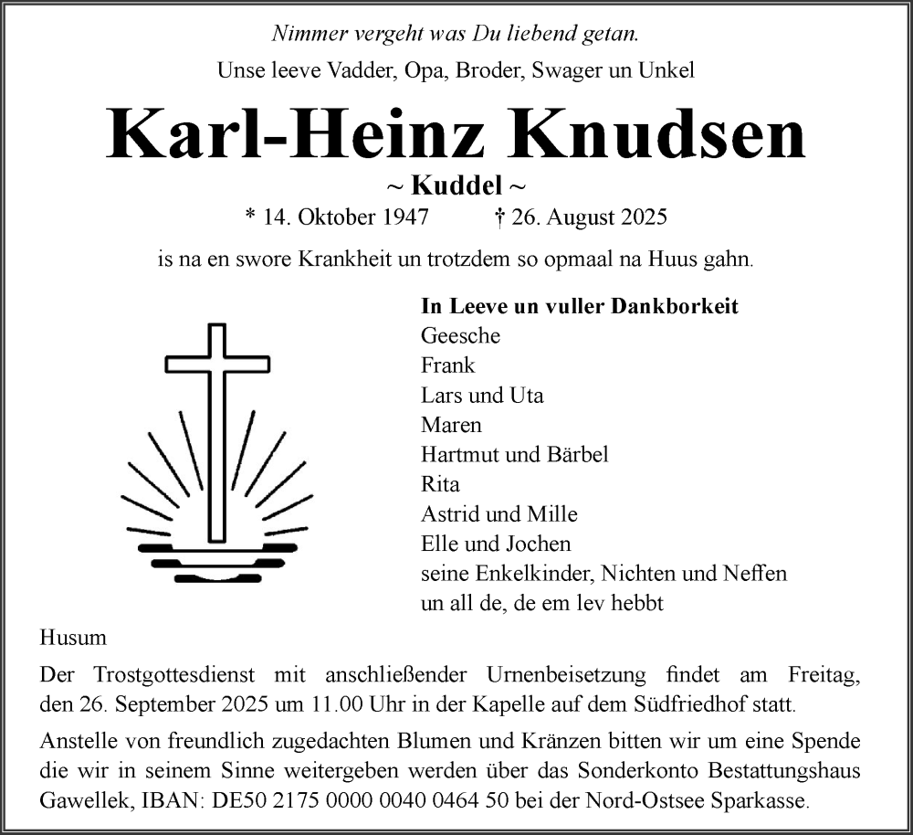  Traueranzeige für Karl-Heinz Knudsen vom 06.09.2025 aus Husumer Nachrichten, Nordfriesland Tageblatt