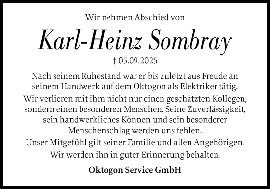 Traueranzeige von Karl-Heinz Sombray von Schleswig-Holsteinische Landeszeitung