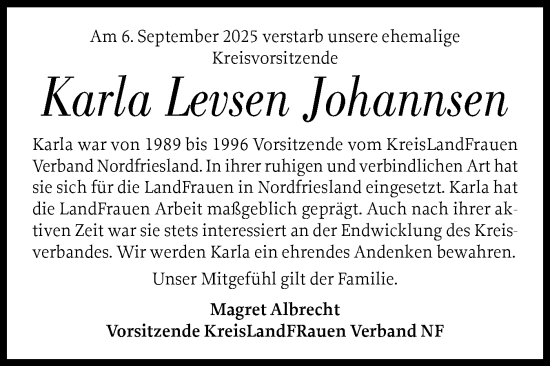 Traueranzeige von Karla Johannsen von Husumer Nachrichten, Nordfriesland Tageblatt