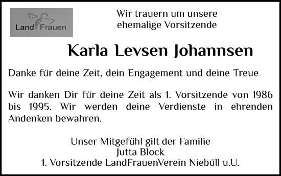Traueranzeige von Karla Johannsen von Husumer Nachrichten, Nordfriesland Tageblatt