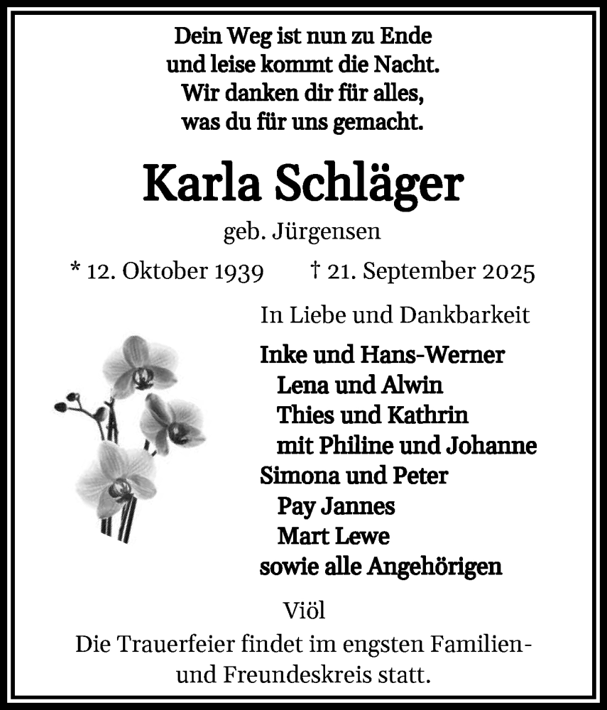  Traueranzeige für Karla Schläger vom 27.09.2025 aus Husumer Nachrichten, Nordfriesland Tageblatt