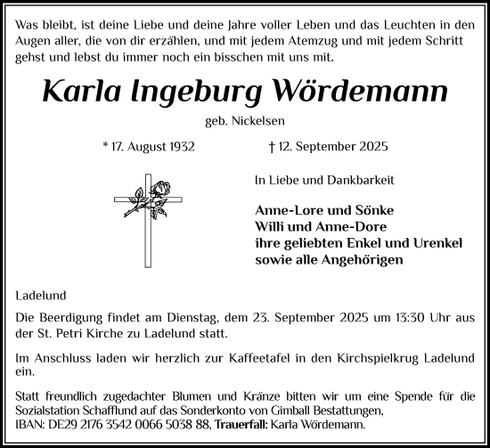 Traueranzeige von Karla Ingeburg Wördemann von Region Flensburg