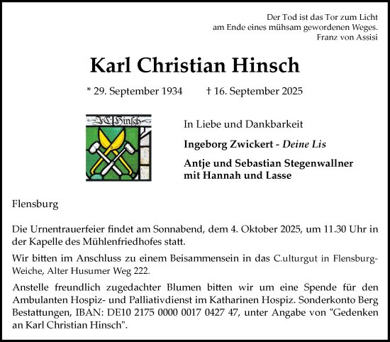 Traueranzeige von Karl Christian Hinsch von Flensburger Tageblatt
