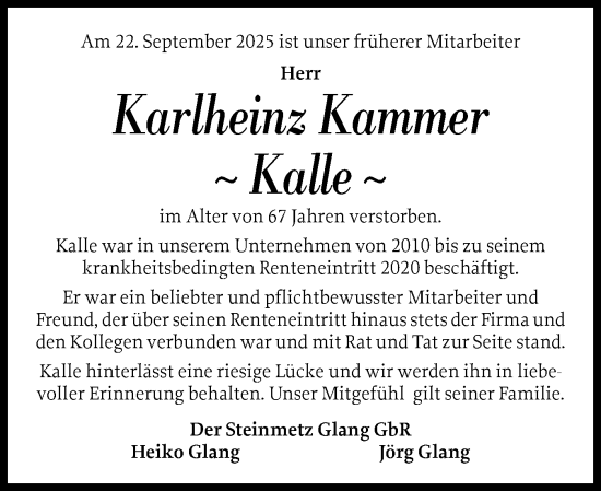 Traueranzeige von Karlheinz Kammer von Norddeutsche Rundschau, Wilstersche Zeitung, Glückstädter Fortuna