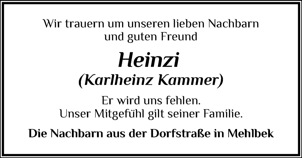  Traueranzeige für Karlheinz Kammer vom 27.09.2025 aus Norddeutsche Rundschau, Wilstersche Zeitung, Glückstädter Fortuna