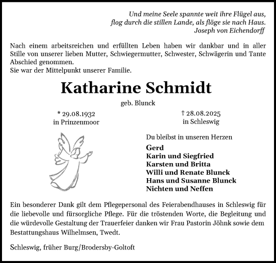 Traueranzeige von Katharine Schmidt von Schleswig-Holsteinische Landeszeitung