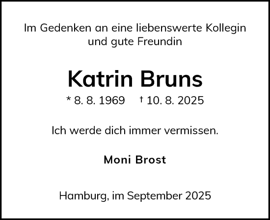Traueranzeige von Katrin Bruns von Husumer Nachrichten, Nordfriesland Tageblatt