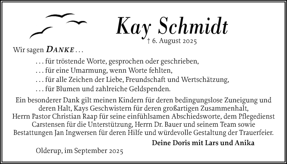  Traueranzeige für Kay Schmidt vom 13.09.2025 aus Husumer Nachrichten, Nordfriesland Tageblatt