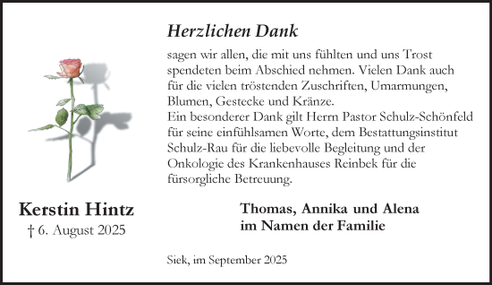 Traueranzeige von Kerstin Hintz von MARKT Ahrensburg/Bargteheide/Trittau und Stormarner Tageblatt