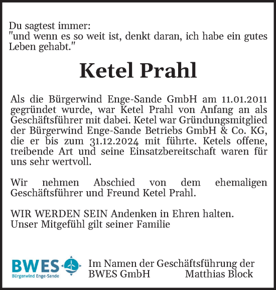 Traueranzeige von Ketel Prahl von Husumer Nachrichten, Nordfriesland Tageblatt