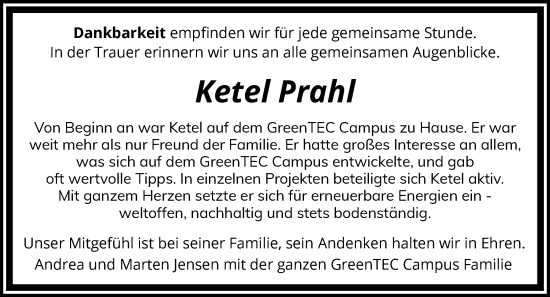 Traueranzeige von Ketel Prahl von Husumer Nachrichten, Nordfriesland Tageblatt