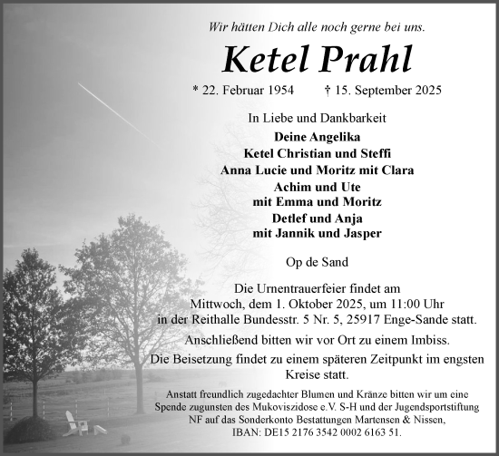 Traueranzeige von Ketel Prahl von Husumer Nachrichten, Nordfriesland Tageblatt
