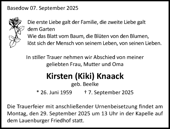 Traueranzeige von Kirsten Knaack von Wochenend Anzeiger