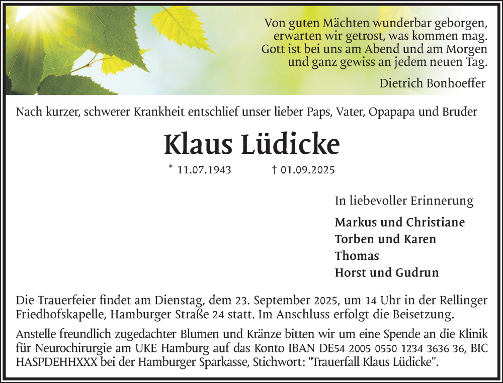  Traueranzeige für Klaus Lüdicke vom 13.09.2025 aus Region Pinneberg und tip Pinneberg