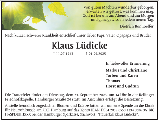 Traueranzeige von Klaus Lüdicke von Region Pinneberg und tip Pinneberg