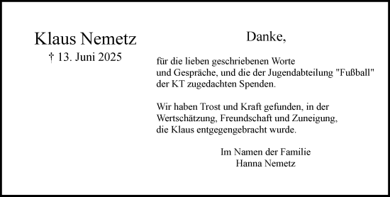 Traueranzeige von Klaus Nemetz von Umschau