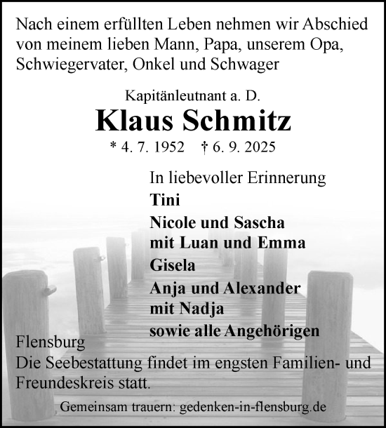 Traueranzeige von Klaus Schmitz von Flensburger Tageblatt