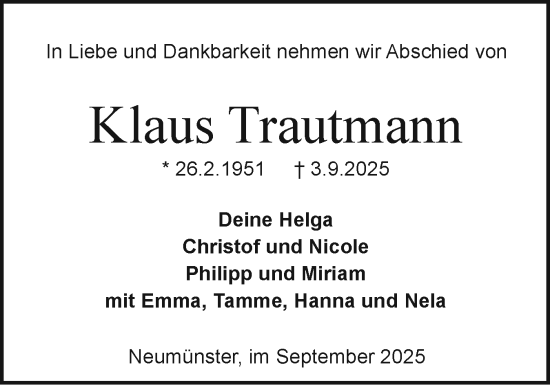 Traueranzeige von Klaus Trautmann von Holsteinischer Courier