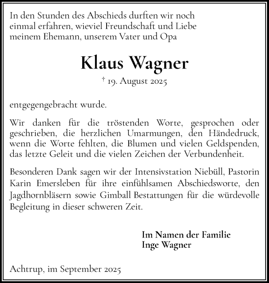 Traueranzeige von Klaus Wagner von Husumer Nachrichten, Nordfriesland Tageblatt
