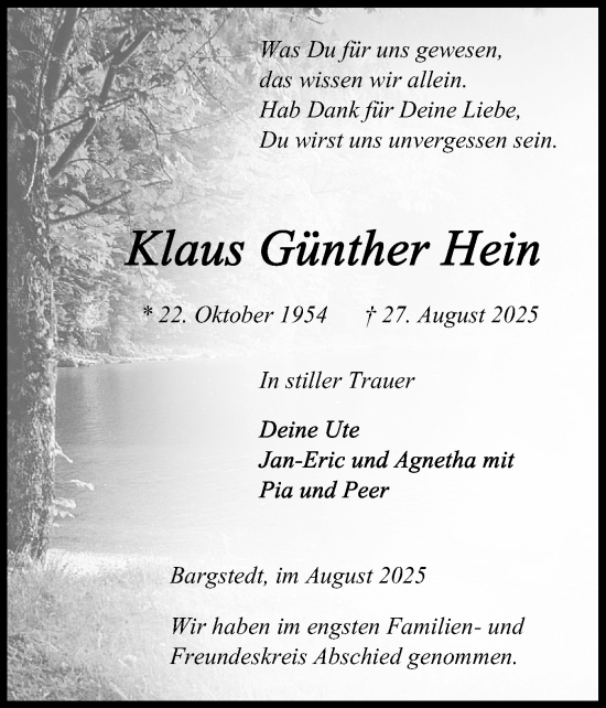 Traueranzeige von Klaus Günther Hein von Schleswig-Holsteinische Landeszeitung