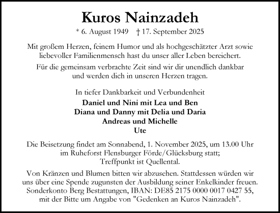 Traueranzeige von Kuros Nainzadeh von Flensburger Tageblatt