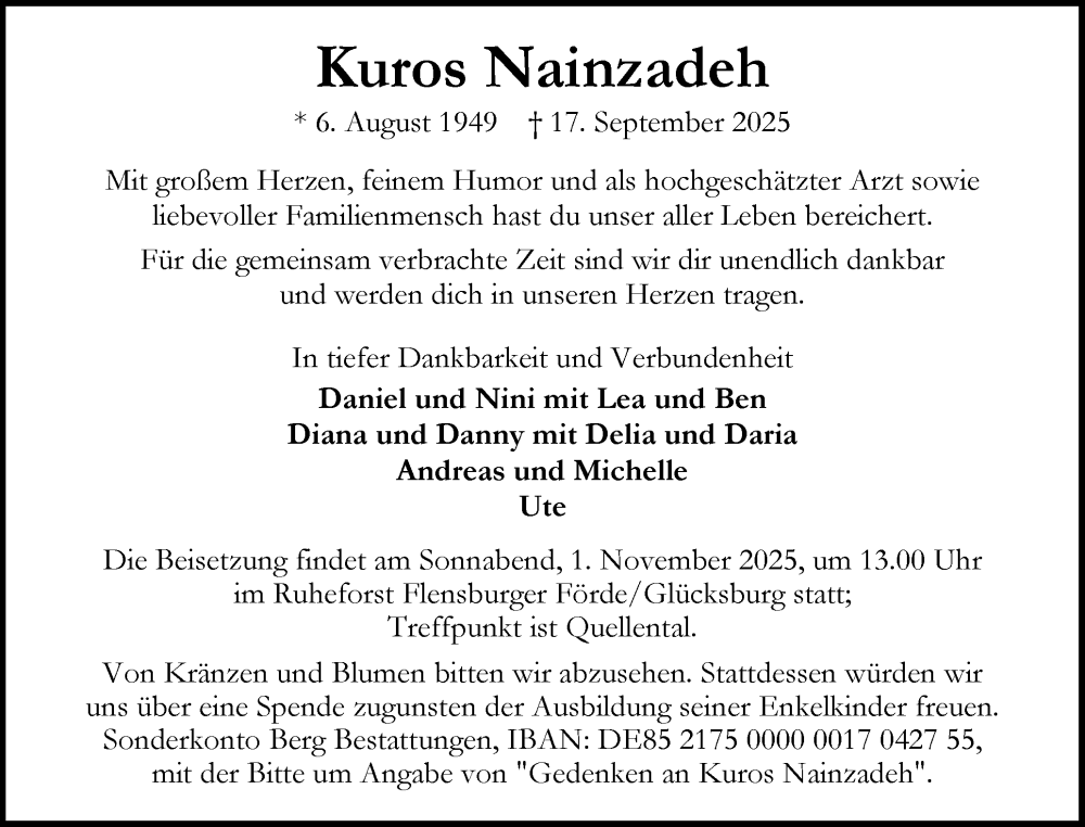  Traueranzeige für Kuros Nainzadeh vom 27.09.2025 aus Flensburger Tageblatt