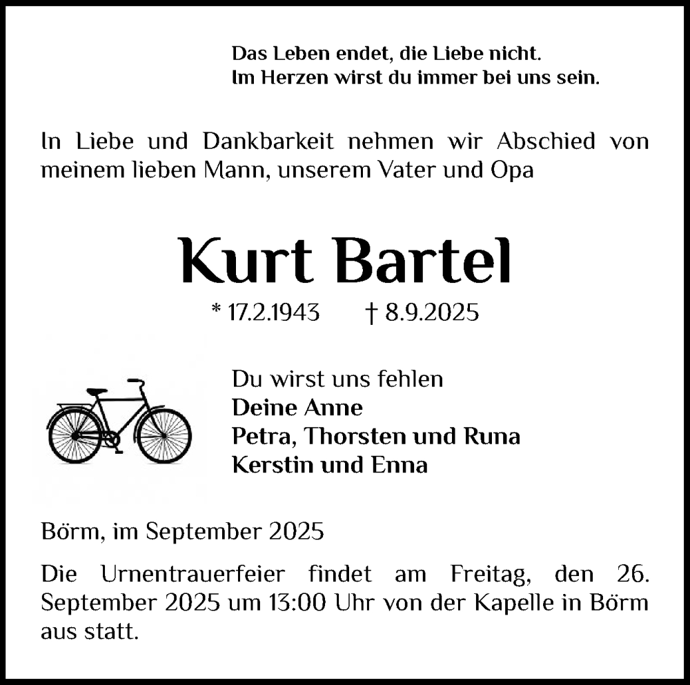  Traueranzeige für Kurt Bartel vom 17.09.2025 aus Schleswig-Holsteinische Landeszeitung