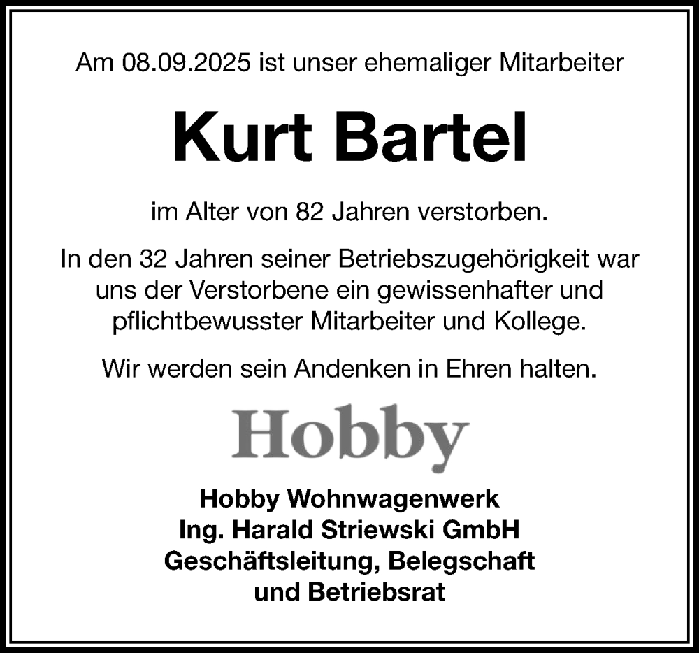  Traueranzeige für Kurt Bartel vom 25.09.2025 aus Schleswig-Holsteinische Landeszeitung