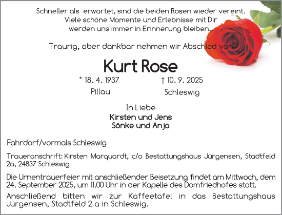 Traueranzeige von Kurt Rose von Schleswiger Nachrichten, Schlei-Bote