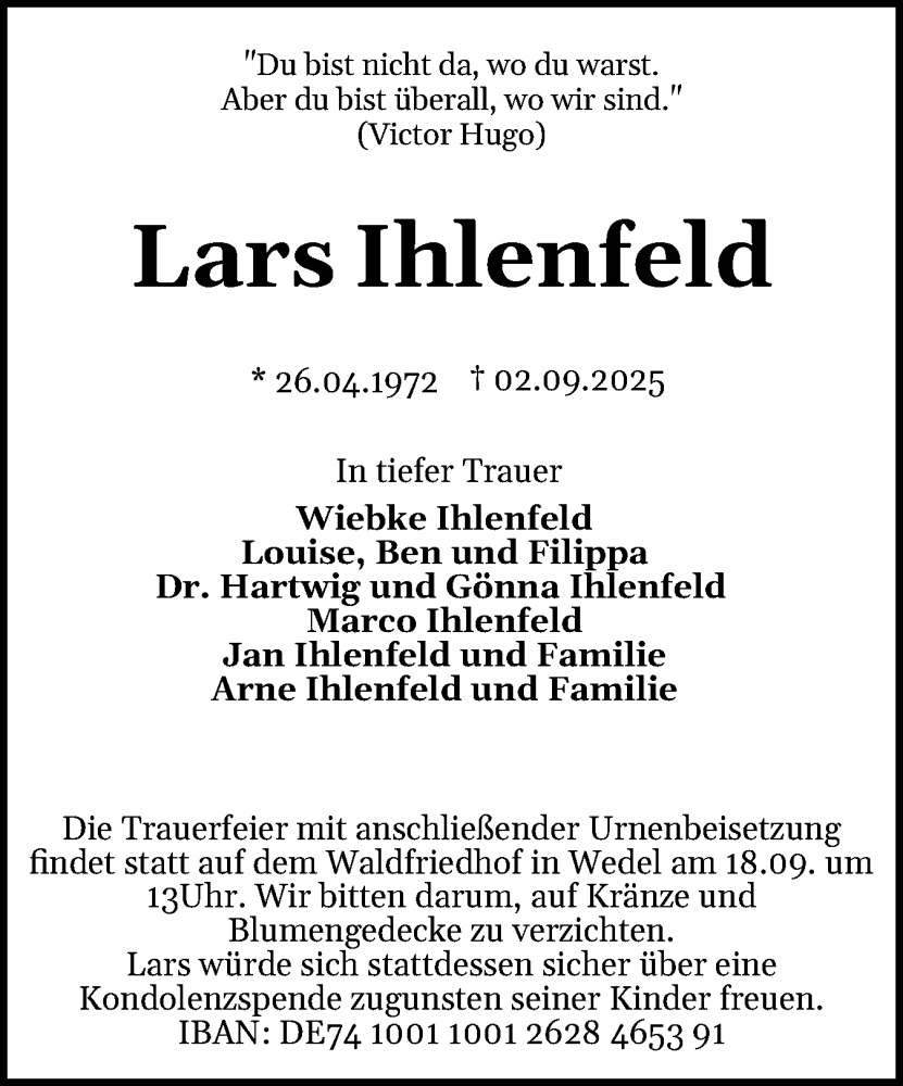  Traueranzeige für Lars Ihlenfeld vom 13.09.2025 aus Wedel-Schulauer Tageblatt, tip Wedel-Schulauer Tageblatt, tip Rissener Rundschau