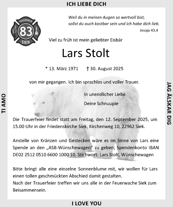 Traueranzeige von Lars Stolt von MARKT Ahrensburg/Bargteheide/Trittau und Stormarner Tageblatt