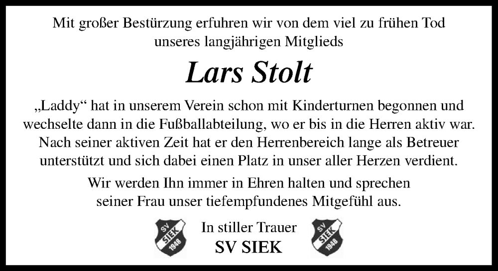  Traueranzeige für Lars Stolt vom 06.09.2025 aus MARKT Ahrensburg/Bargteheide/Trittau und Stormarner Tageblatt