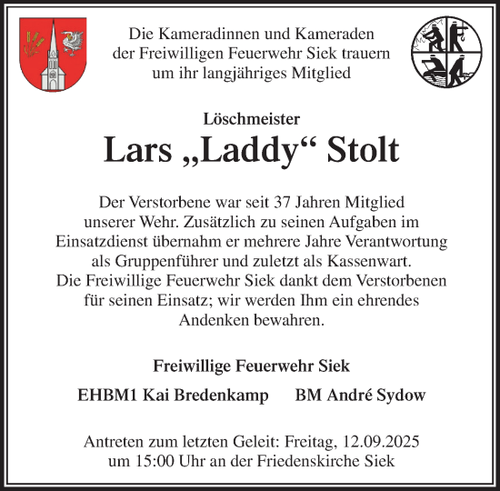 Traueranzeige von Lars Stolt von MARKT Ahrensburg/Bargteheide/Trittau und Stormarner Tageblatt