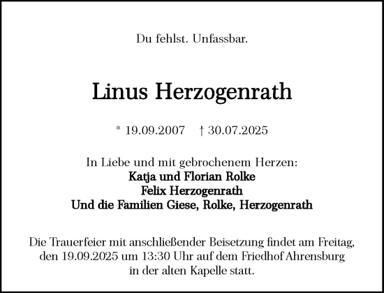 Traueranzeige von Linus Herzogenrath von MARKT Ahrensburg/Bargteheide/Trittau und Stormarner Tageblatt