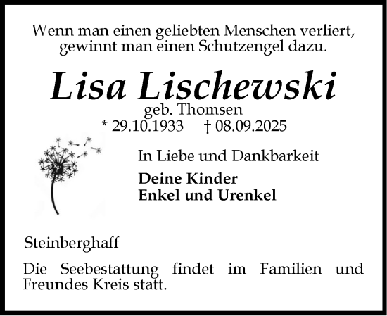 Traueranzeige von Lisa Lischewski von Flensburger Tageblatt