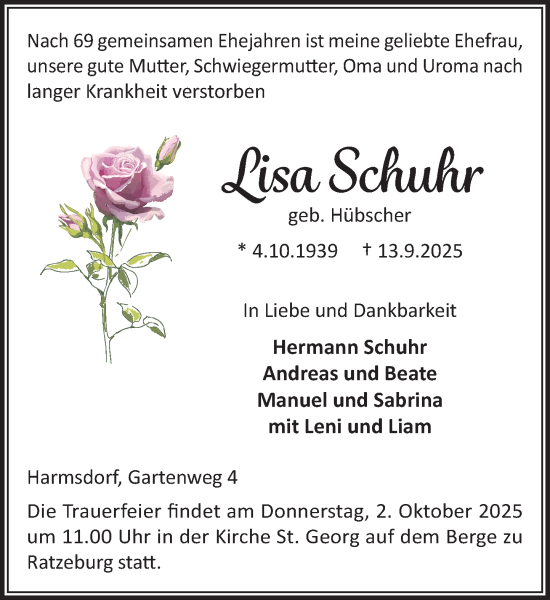 Traueranzeige von Lisa Schuhr von MARKT Ratzeburg/Mölln