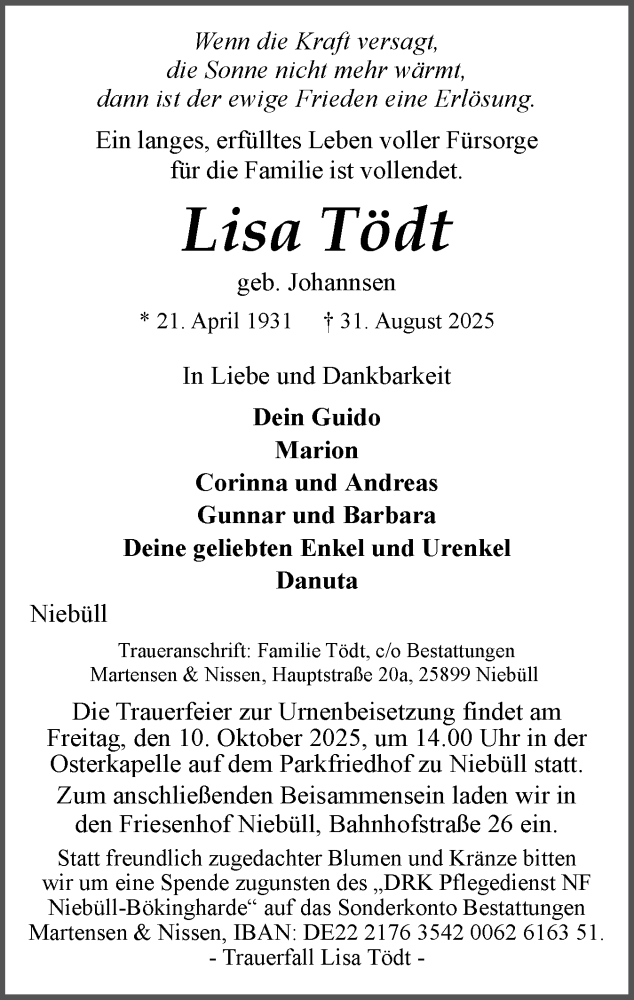  Traueranzeige für Lisa Tödt vom 01.10.2025 aus Husumer Nachrichten, Nordfriesland Tageblatt