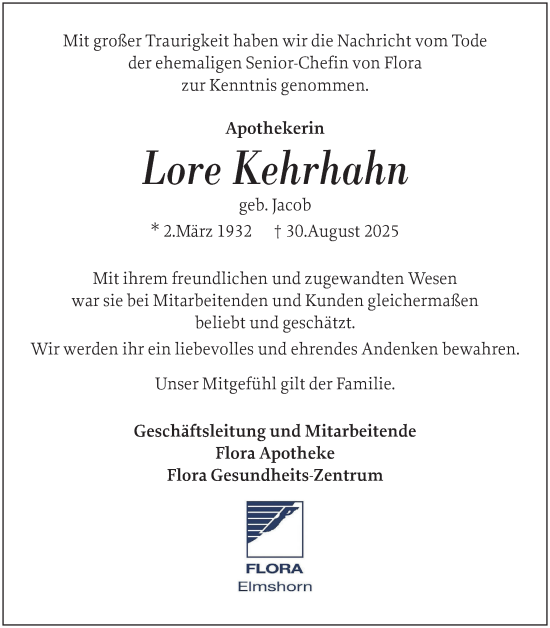 Traueranzeige von Lore Kehrhahn von Elmshorner Nachrichten, Barmstedter Zeitung