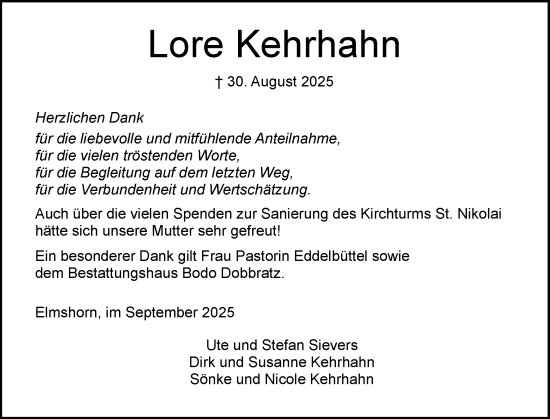 Traueranzeige von Lore Kehrhahn von Elmshorner Nachrichten, Barmstedter Zeitung